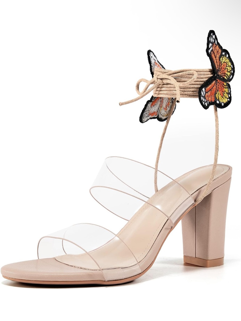 Aomigoct Butterfly Ankle-Tie Clear Strap Sandal — Nude
